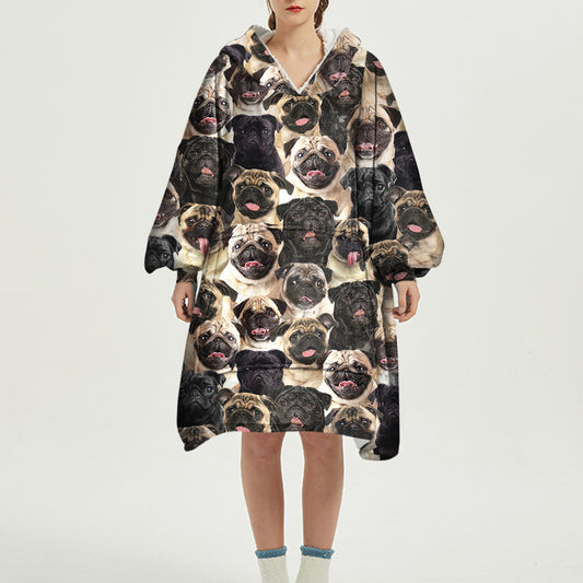 Warm Winter With Pugs - Fleece Blanket Hoodie