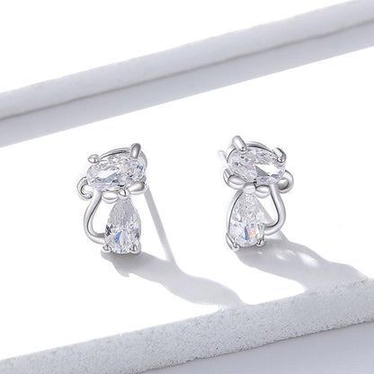 BM Lovely Cat With Bow 925 Sterling Silver Stud Earrings