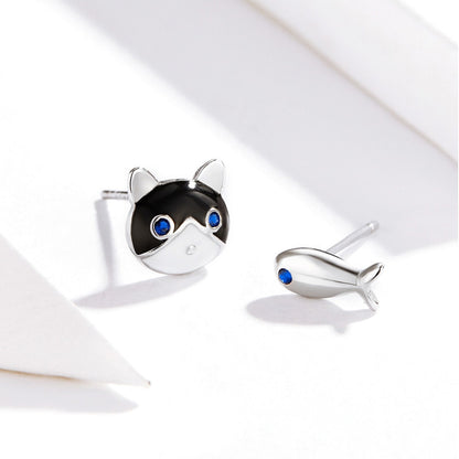 BM Cat And Fish 925 Sterling Silver Stud Earrings