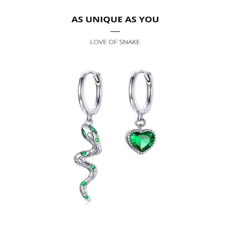 BM Snake And Green Heart Earrings 925 Sterling Silver