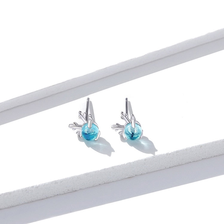 BM Blue Crystal Stone Deer 925 Silver Stud Earrings