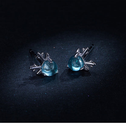 BM Blue Crystal Stone Deer 925 Silver Stud Earrings