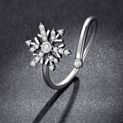 BM Snowflake And White Crystal 925 Sterling Silver Open Rings