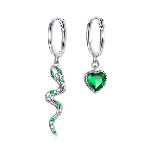 BM Snake And Green Heart Earrings 925 Sterling Silver