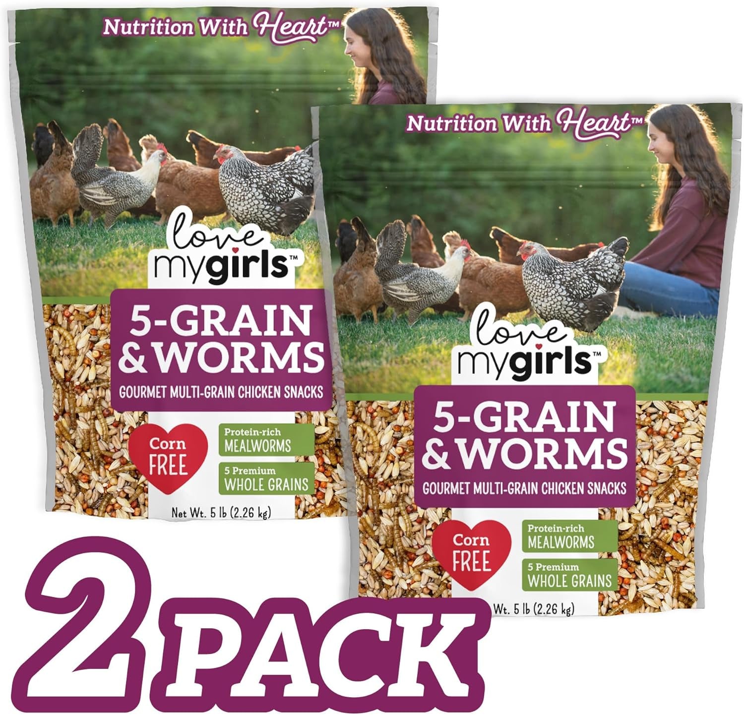 Love My Girls 5-Grain and Worms Chicken Treats, Corn-Free Treats for Chickens with Protein Rich Mealworms