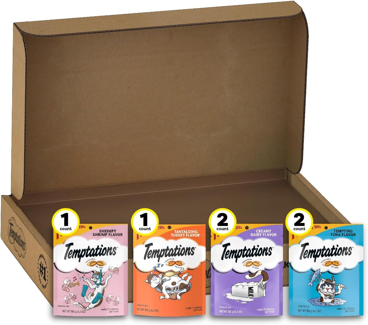 Temptations Classic Crunchy and Soft Cat Treats Variety Pack with Creamy Dairy, Tempting Tuna, Shrimpy Shrimp, and Tantalizing Turkey Flavors