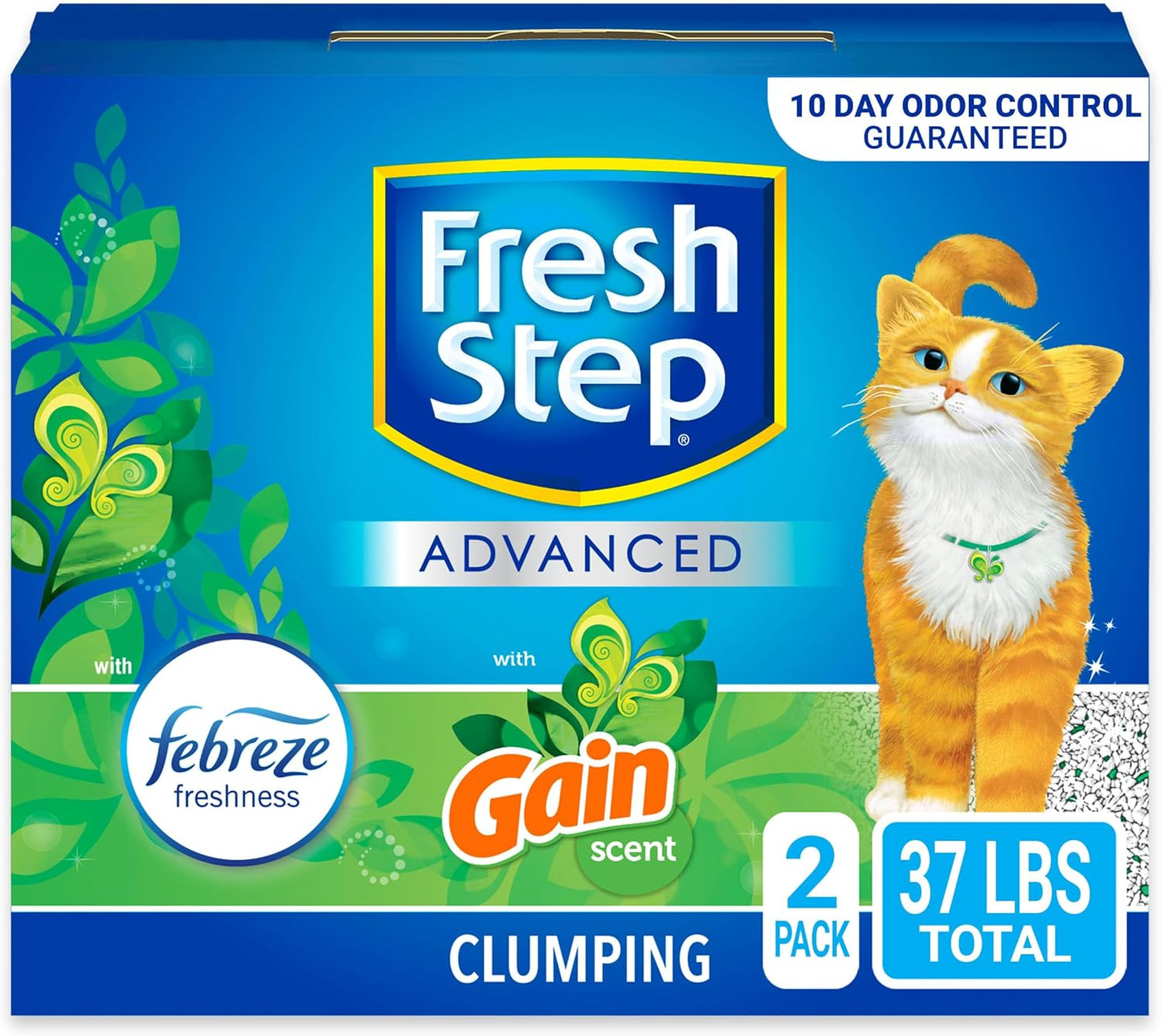 Advanced Clumping Cat Litter with Gain, 37 Lbs Total, Extra Large (2 Pack of 18.5Lb Boxes) + Glad Forceflex Protection Series Tall Trash Bags with Febreze, 13 Gal, 110 Ct