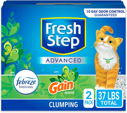 Advanced Clumping Cat Litter with Gain, 37 Lbs Total, Extra Large (2 Pack of 18.5Lb Boxes) + Glad Forceflex Protection Series Tall Trash Bags with Febreze, 13 Gal, 110 Ct