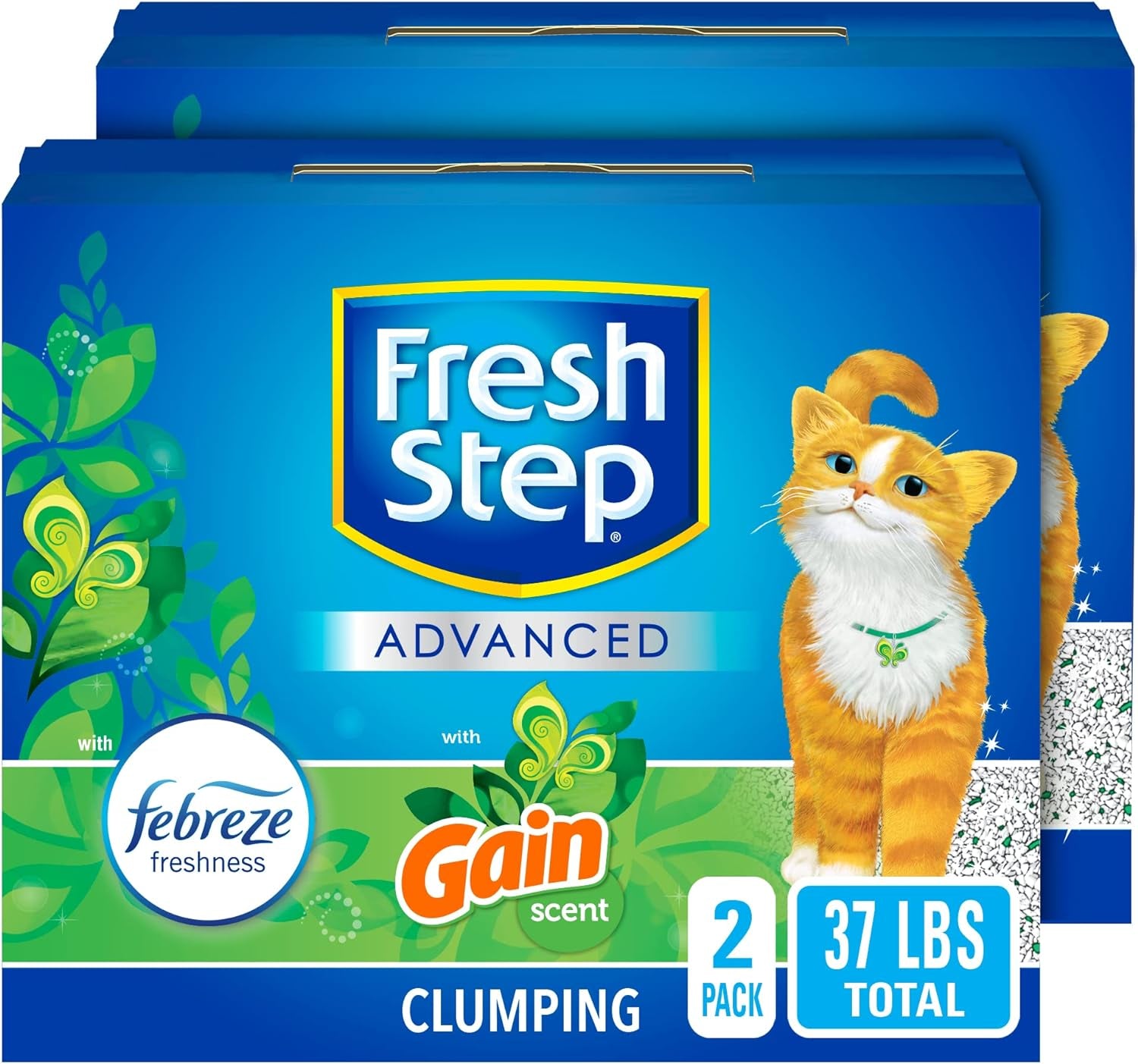 Advanced Clumping Cat Litter with Gain, 37 Lbs Total, Extra Large (2 Pack of 18.5Lb Boxes) + Glad Forceflex Protection Series Tall Trash Bags with Febreze, 13 Gal, 110 Ct