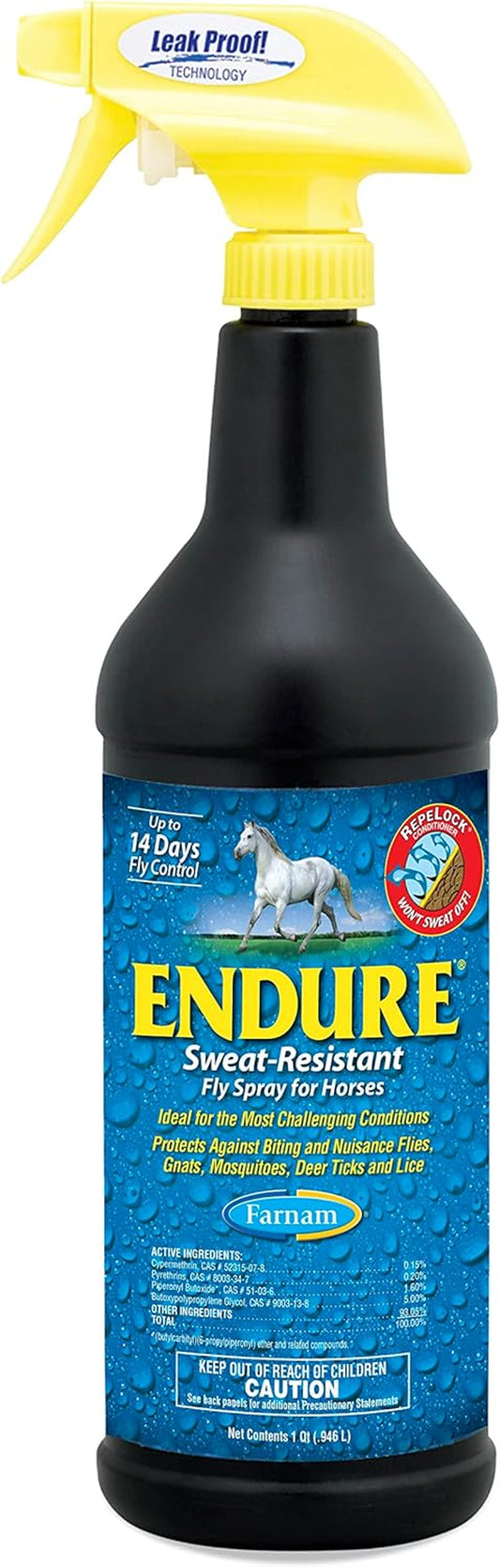 Farnam Endure Sweat-Resistant Horse Fly Spray, Kills, Repels, Protects, Quart Spray