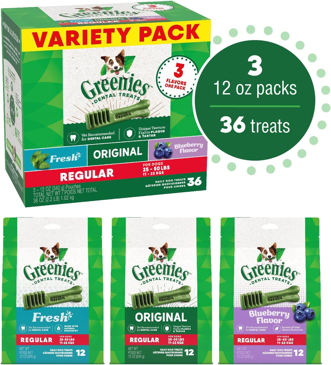 Greenies Regular Natural Dental Care Dog Treats, Variety Pack