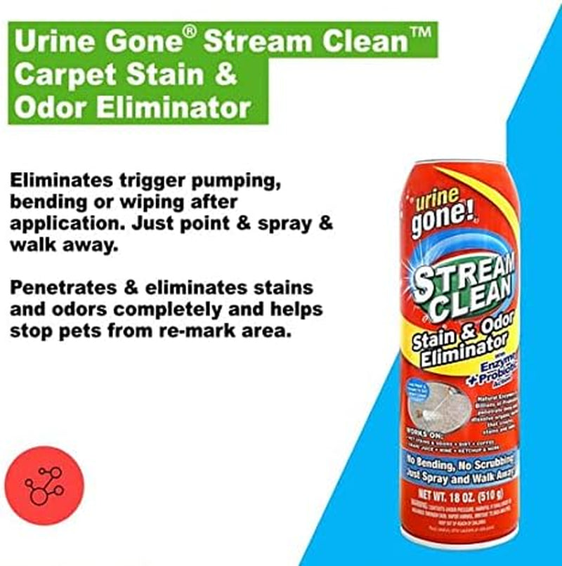 Urine Gone Stream Clean, Carpet Stain and Odor Eliminator - Heavy Duty, Deep Cleaning Enzyme Action, Destroys through Oxidation Catalysis, No Scrubbing Needed