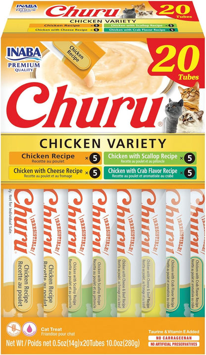 Churu Cat Treats, Grain-Free, Lickable, Squeezable Creamy Purée Cat Treat/Topper with Vitamin E & Taurine, 0.5 Ounces Each Tube, 50 Tubes, Tuna & Chicken Variety