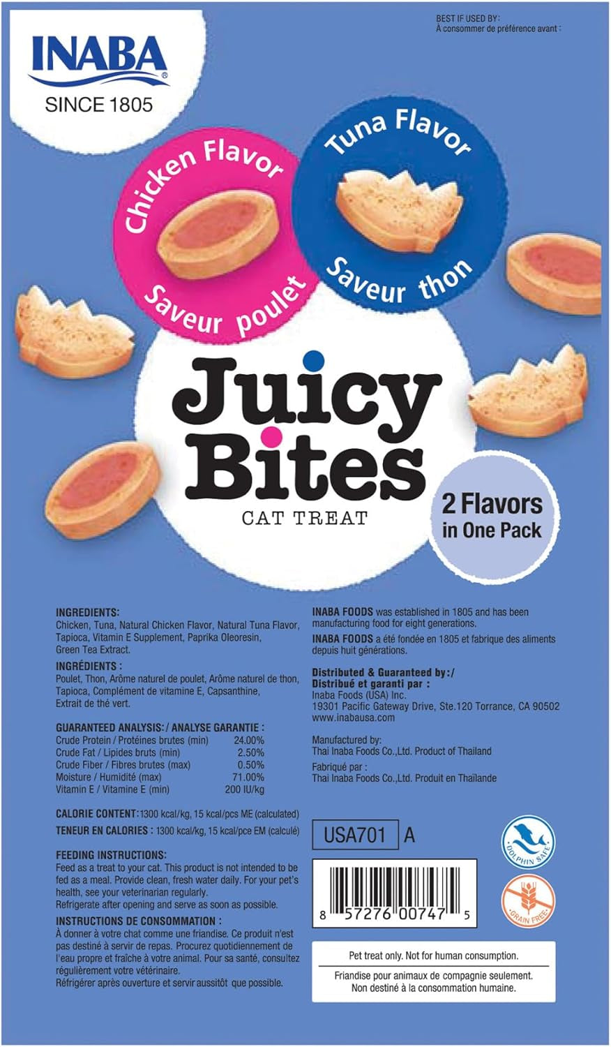 INABA Juicy Bites, Moist & Chewy Cat Treats with Vitamin E and Green Tea Extract, 0.4 Ounces per Pouch, 18 Pouches (3 per Bag)