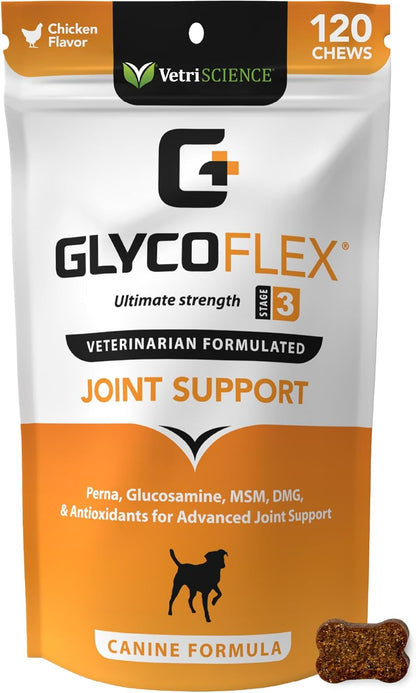 Vetriscience Glycoflex 3 Hip and Joint Supplement for Dogs - Maximum Strength Dog Supplement with Glucosamine, MSM, Green Lipped Mussel & DMG, Chicken Flavor