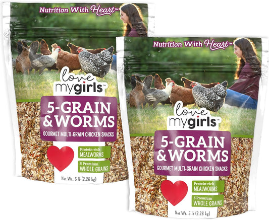 Love My Girls 5-Grain and Worms Chicken Treats, Corn-Free Treats for Chickens with Protein Rich Mealworms