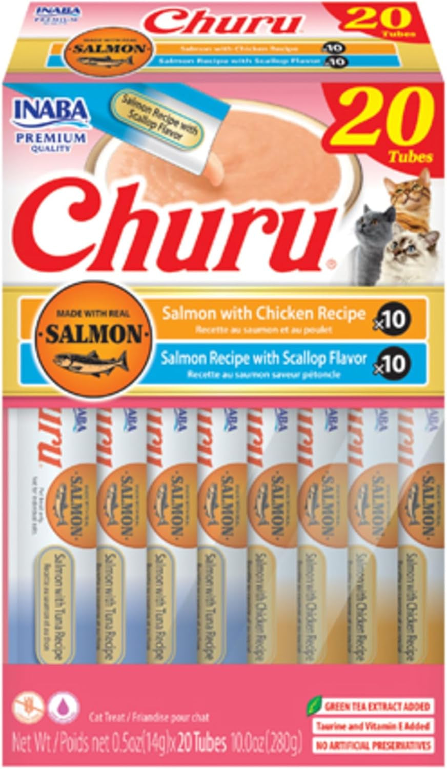 INABA Churu Cat Treats, Lickable, Squeezable Creamy Purée Cat Treat with Green Tea Extract & Taurine