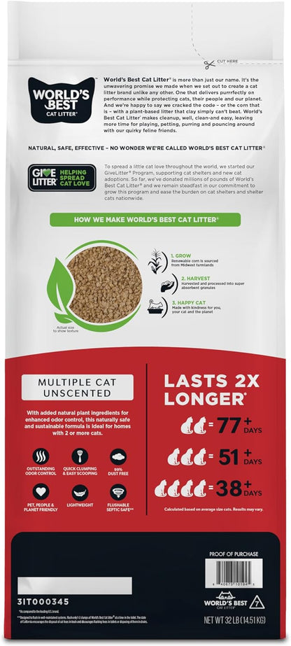 Multiple Cat Unscented, 32-Pounds - Natural Ingredients, Quick Clumping, Flushable, 99% Dust Free & Made in USA - Long-Lasting Odor Control & Easy Scooping