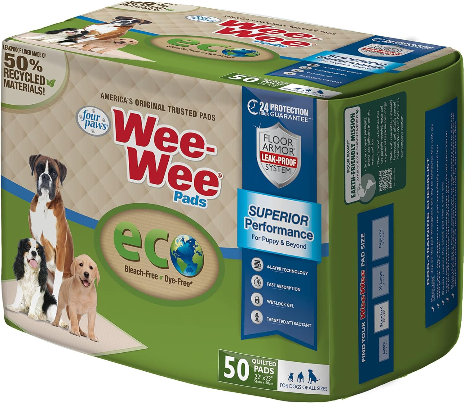 Four Paws Wee-Wee Superior Performance Eco Pee Pads for Dogs - Earth-Friendly Dog & Puppy Pads for Potty Training - Dog Housebreaking & Puppy Supplies - 22" X 23" (50 Count),White