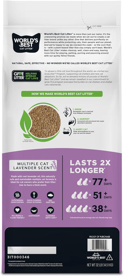 WORLD'S BEST CAT LITTER Multiple Cat Lavender Scented - Natural Ingredients, Quick Clumping, Flushable, 99% Dust Free & Made in USA - Calming Fragrance & Long-Lasting Odor Control