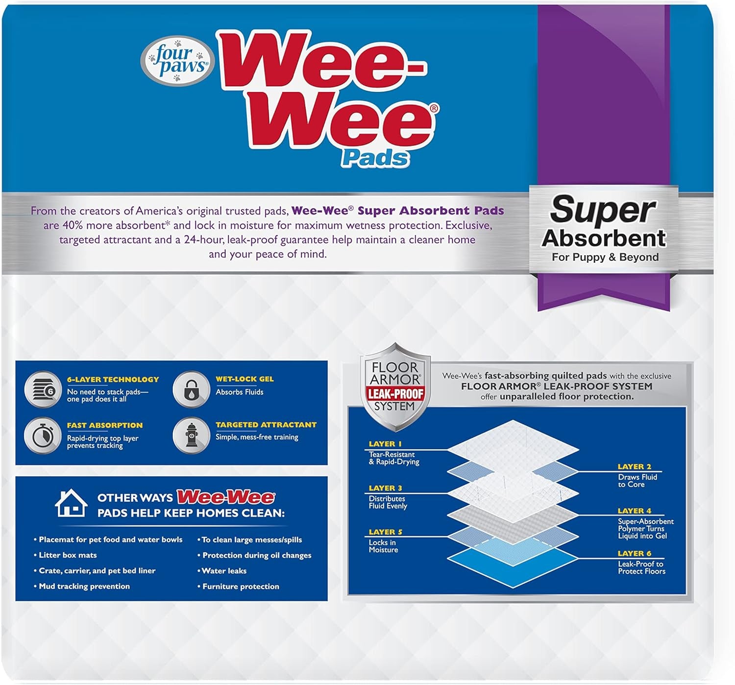 Four Paws Wee-Wee Super Absorbent Pee Pads for Dogs of All Sizes, Leak-Proof Floor Protection Dog & Puppy Quilted Potty Training Pads, Unscented, 24" X 24"