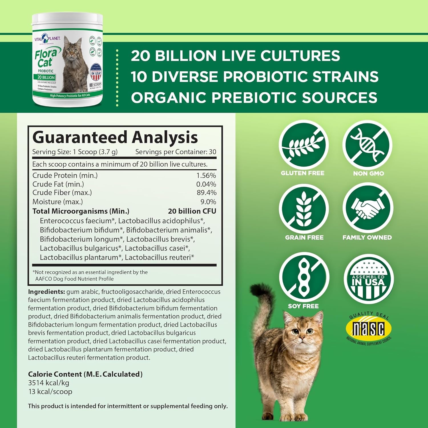 Vital Planet - Flora Cat Probiotic Powder Supplement with 20 Billion Cultures and 10 Diverse Strains High Potency Probiotics for All Cats for Feline Digestive and Immune Support