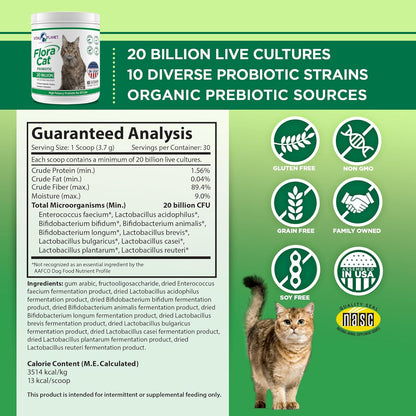 Vital Planet - Flora Cat Probiotic Powder Supplement with 20 Billion Cultures and 10 Diverse Strains High Potency Probiotics for All Cats for Feline Digestive and Immune Support