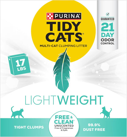 Purina Low Dust, Clumping Cat Litter Odor Control, Lightweight Free and Clean Unscented, Multi Cat Litter - 17 Lb. Box