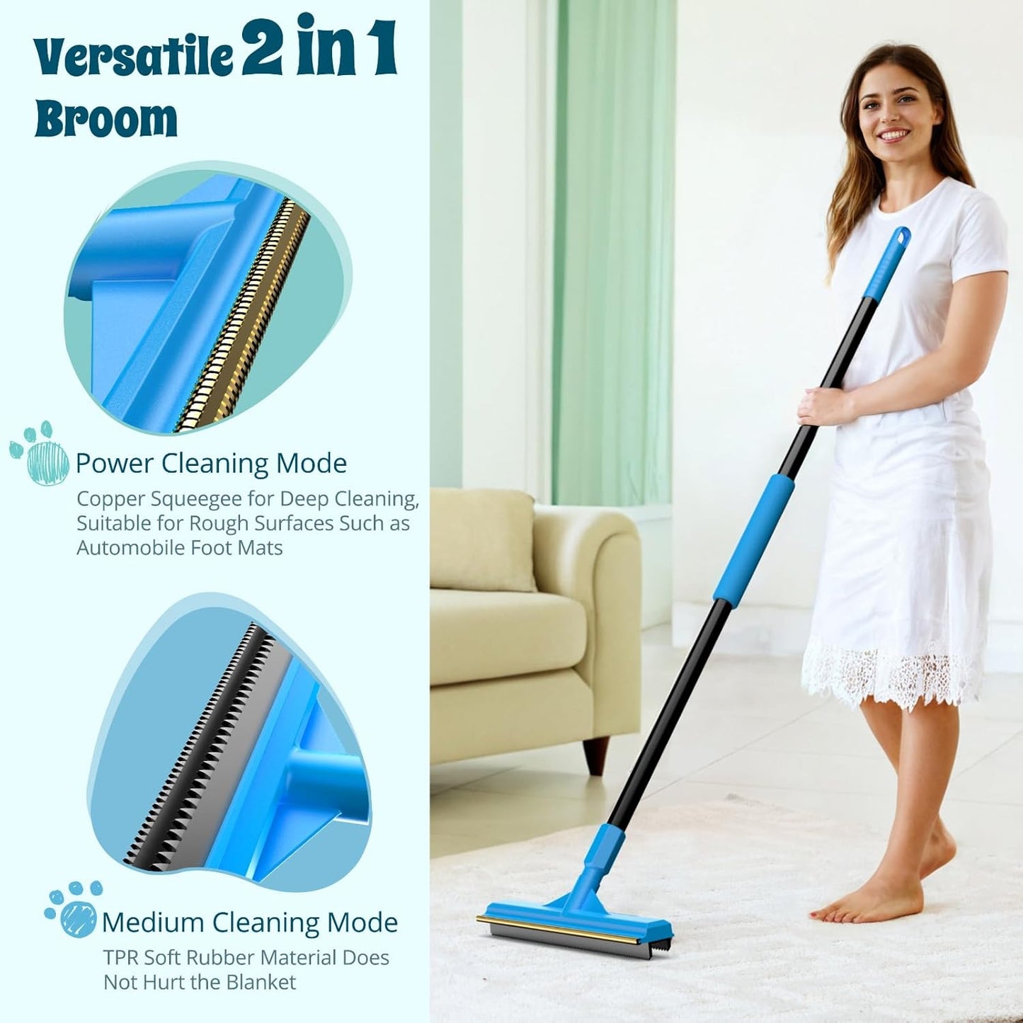 Carpet Rake for Pet Hair Removal, Reusable Cat Dog Hair Remover, 58’’ Adjustable Long Handle Pet Hair Removal Tool, Carpet Rake Scraper, Pet Hair Removal Broom for Rugs, Mats, Couch, Furniture