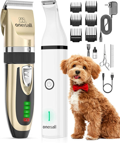 Oneisall Dog Clippers and Dog Paw Trimmer Kit 2 in 1 Low Noise Cordless Dog Clippers for Grooming Pet Hair Trimmers for Small and Large Dogs Cats Animals