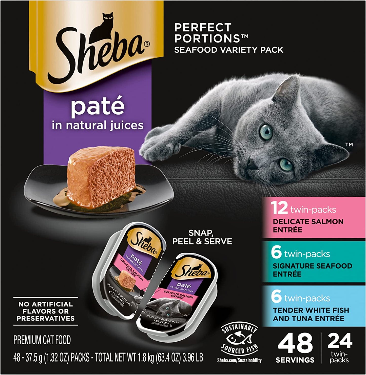 Perfect Portions Paté Wet Cat Food Trays (24 Count, 48 Servings), Signature Seafood Entrée, Easy Peel Twin-Pack Trays