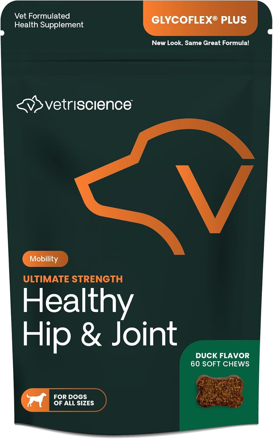 Vetriscience Ultimate Strength Healthy Hip & Joint Chews, Glycoflex Glucosamine, Chondroitin & Green-Lipped Mussel Joint Support Supplement for Dogs, Soothe Joint Discomfort, Duck, 60 Count