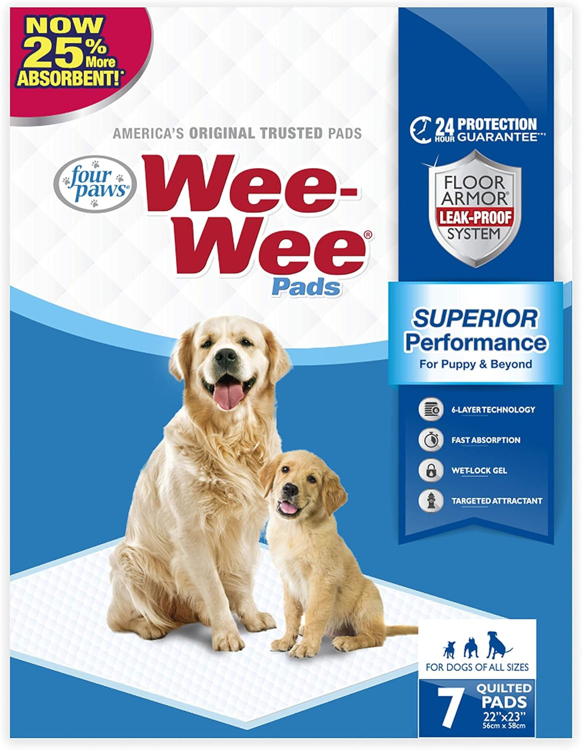 Four Paws Wee-Wee Superior Performance Pee Pads for Dogs of All Sizes, Leak-Proof Floor Protection Dog & Puppy Quilted Potty Training Pads, Unscented, 22" X 23"