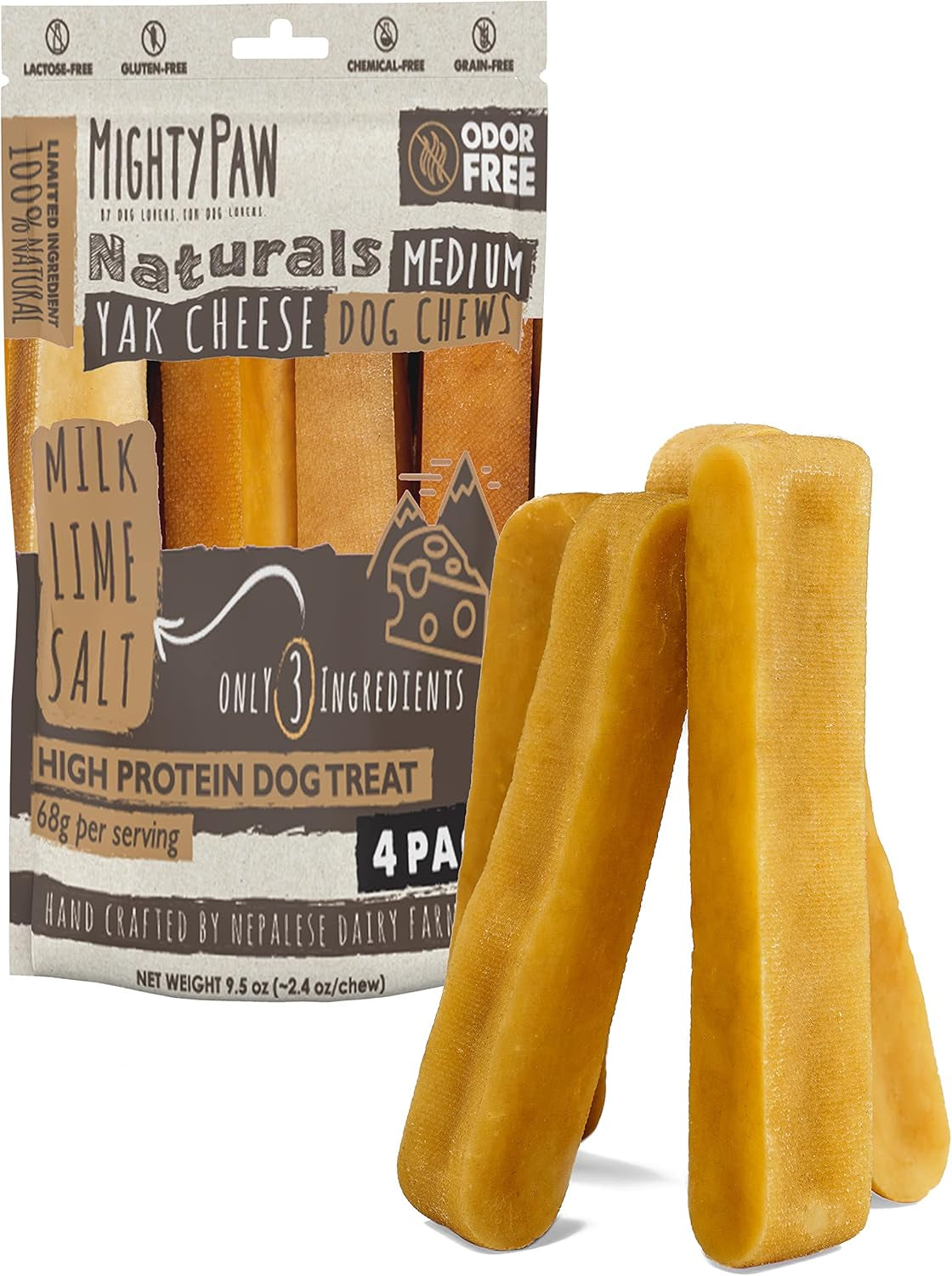 Mighty Paw Yak Cheese Dog Chews - All-Natural Treats for Dogs - High Protein Treat with 68 Grams of Protein per Chew - Delicious and Long Lasting - Odor Free with Limited Ingredients