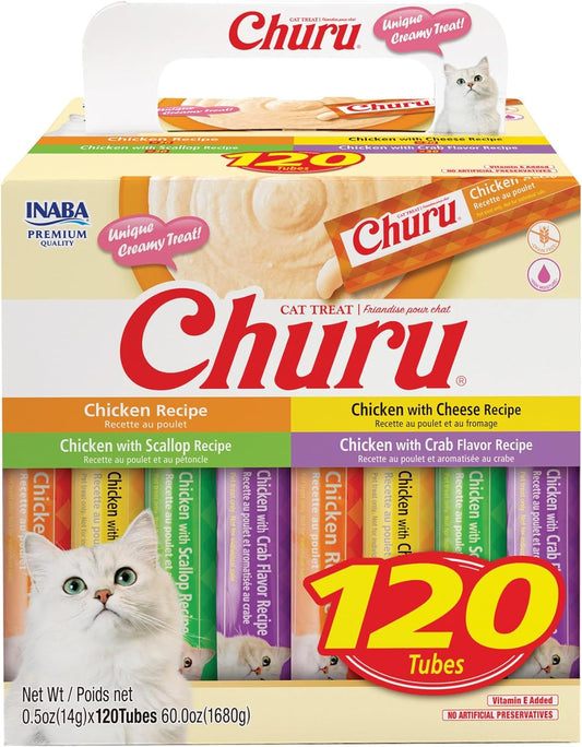 INABA Churu Cat Treats, Lickable, Squeezable Creamy Purée with Vitamin E, 0.5 Ounces per Tube, 120 Tubes Total