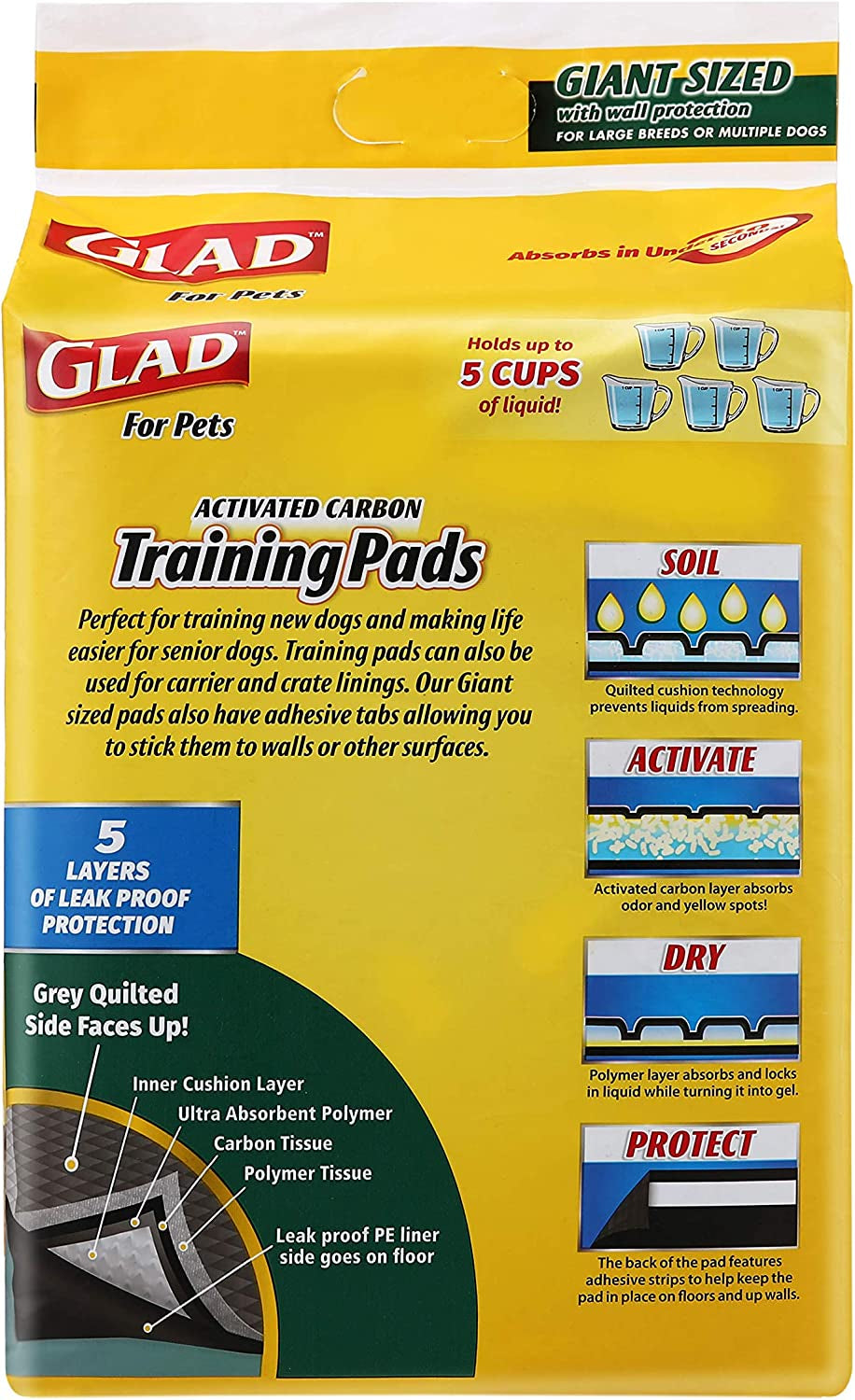 Glad for Pets Activated Carbon Dog Training Pads - Super Absorbent and Leak Proof Dog Pee Pads Extra Large, Indoor Potty Pads with Adhesive Strips, XL Puppy Pad Giant Size, 30" X 36"