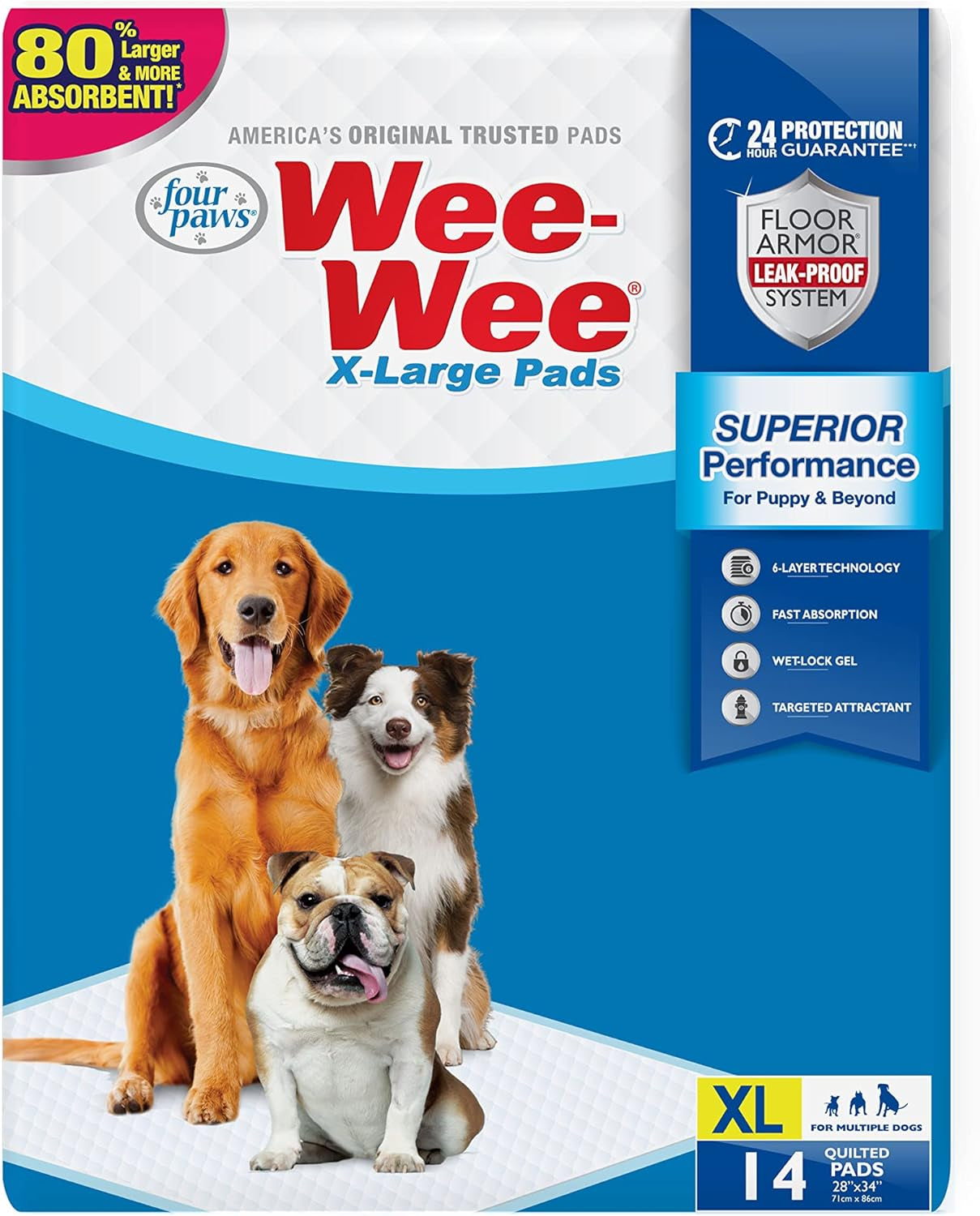 Four Paws Wee-Wee Superior Performance XL Pee Pads for Extra Large Dogs, Leak-Proof Floor Protection Dog & Puppy Quilted Potty Training Pads, Unscented, 28" X 34"