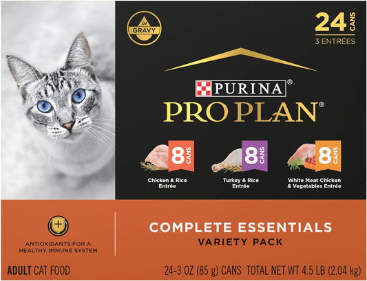 Purina Pro Plan Gravy, High Protein Wet Cat Food Variety Pack, Complete Essentials Chicken and Turkey Favorites (Pack of 24)