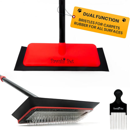 Pet Hair Carpet Rake - Dual Function Cat and Dog Hair Remover for Carpet with Long Adjustable Handle - Removes Fur from Carpets and Furniture - Pet Hair Removal Broom with Rubber Edge - Rug Rake Tool