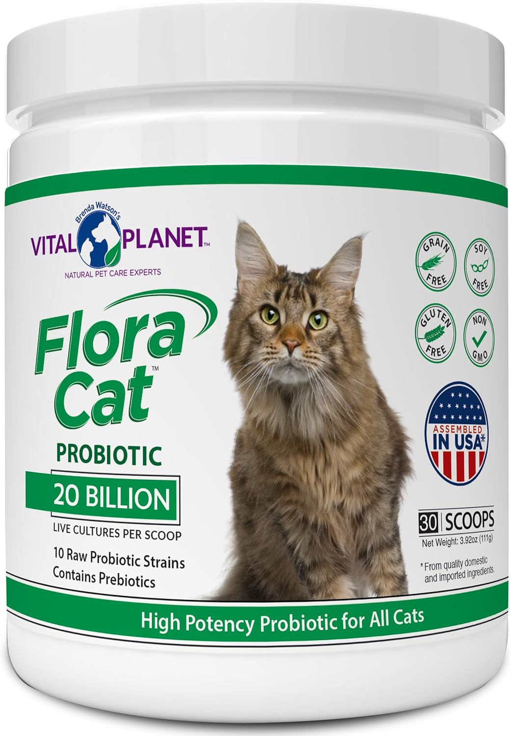 Vital Planet - Flora Cat Probiotic Powder Supplement with 20 Billion Cultures and 10 Diverse Strains High Potency Probiotics for All Cats for Feline Digestive and Immune Support