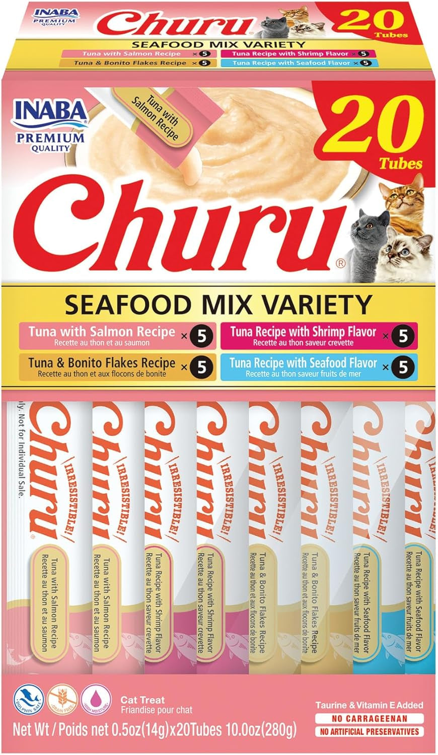 Churu Cat Treats, Grain-Free, Lickable, Squeezable Creamy Purée Cat Treat/Topper with Vitamin E & Taurine, 0.5 Ounces Each Tube, 50 Tubes, Tuna & Chicken Variety