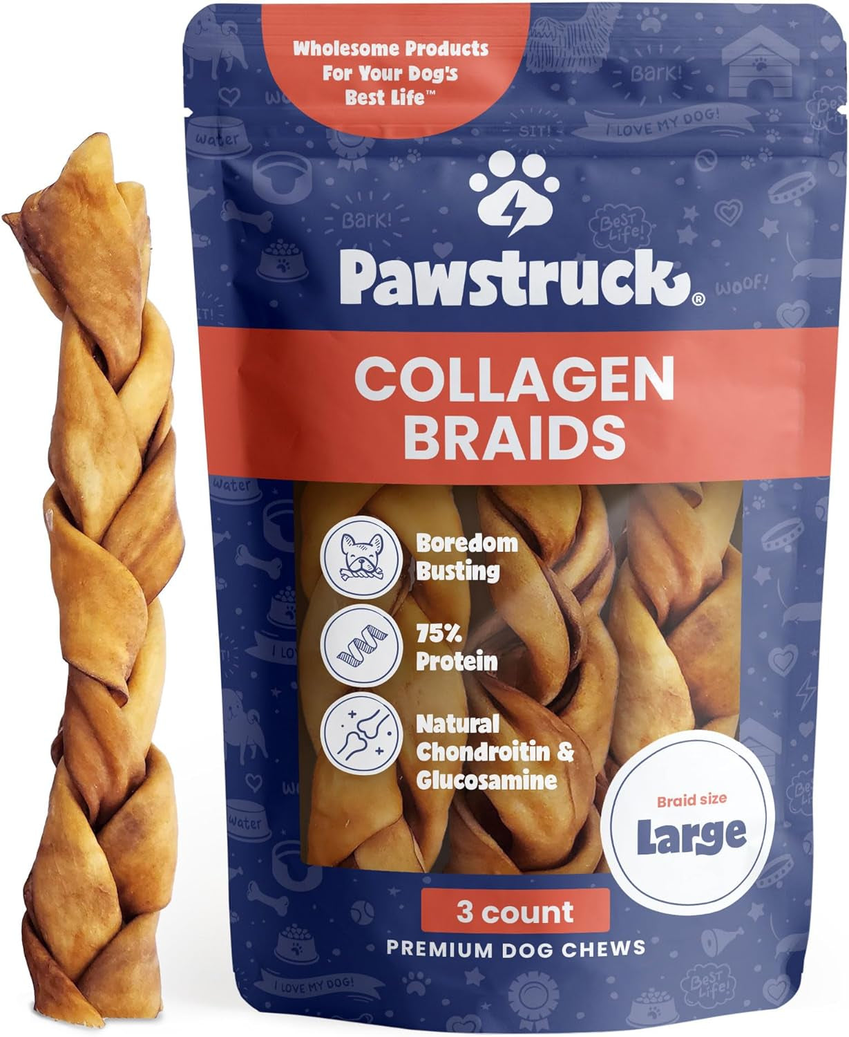 Pawstruck Natural Large Beef Collagen Braids for Dogs - Healthy Long Lasting Alternative to Traditional Rawhide & Bully Sticks W/Chondroitin & Glucosamine - Packaging May Vary