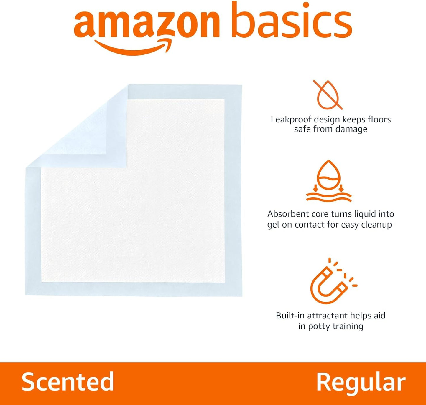 Amazon Basics Absorbent Dog and Puppy Pee Pads with 5-Layer Leak-Proof Design and Quick-Dry Surface for Potty Training, Regular, 22 X 22 Inch, Scented