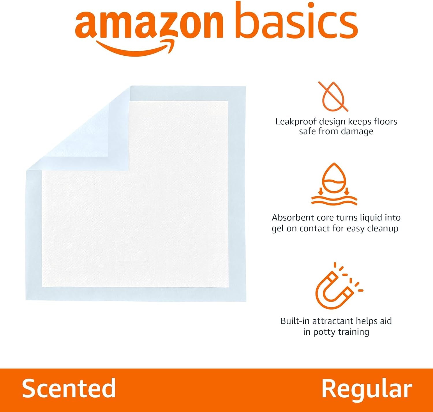 Amazon Basics Absorbent Dog and Puppy Pee Pads with 5-Layer Leak-Proof Design and Quick-Dry Surface for Potty Training, Regular, 22 X 22 Inch, Scented