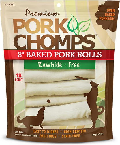 Pork Chomps Baked Pork Skin Dog Chews, 8-Inch Rolls