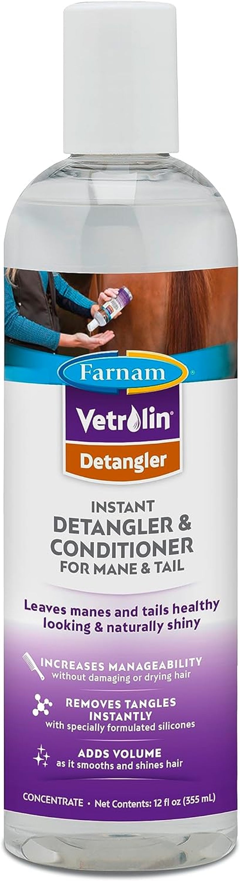 Vetrolin Concentrated Instant Horse Detangler and Conditioner for Mane and Tail, Use on Horses or Dogs, Removes Tangles and Adds Volume, 12 Oz.