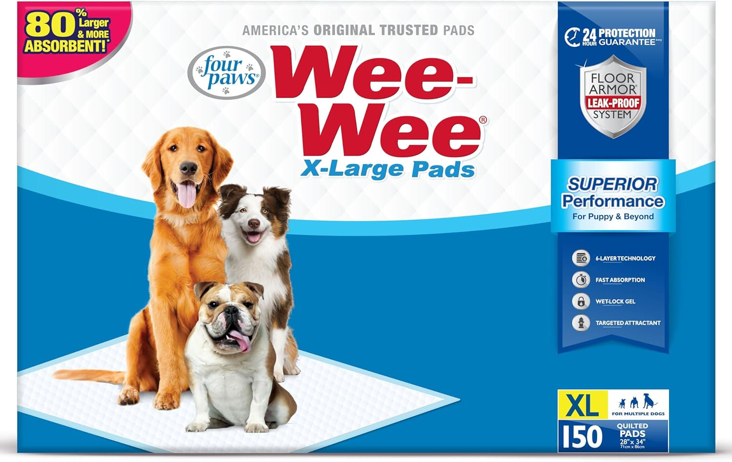 Four Paws Wee-Wee Superior Performance XL Pee Pads for Extra Large Dogs, Leak-Proof Floor Protection Dog & Puppy Quilted Potty Training Pads, Unscented, 28" X 34"