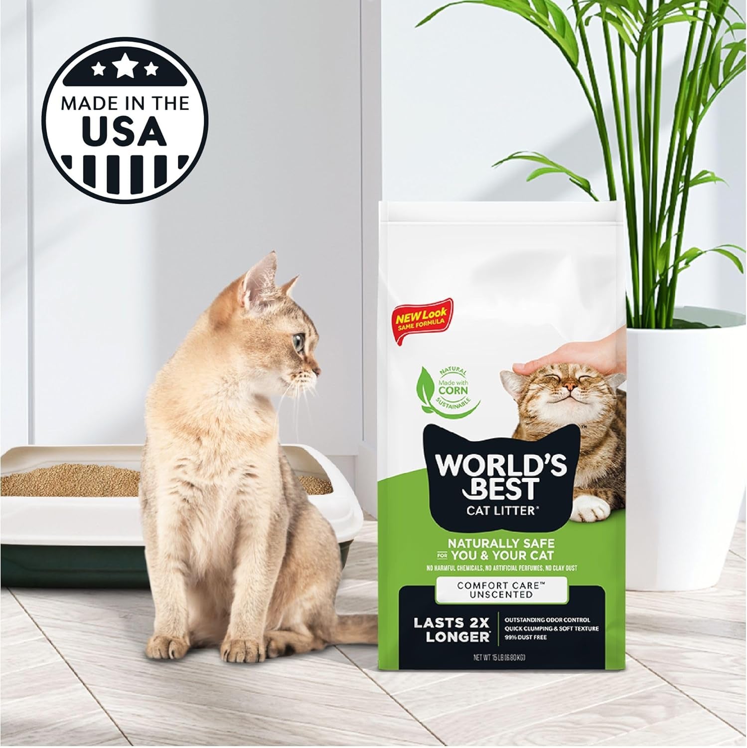 WORLD'S BEST CAT LITTER Comfort Care Unscented, Natural Ingredients, Quick Clumping, Flushable, 99% Dust Free & Made in USA - Long-Lasting Odor Control & Easy Scooping