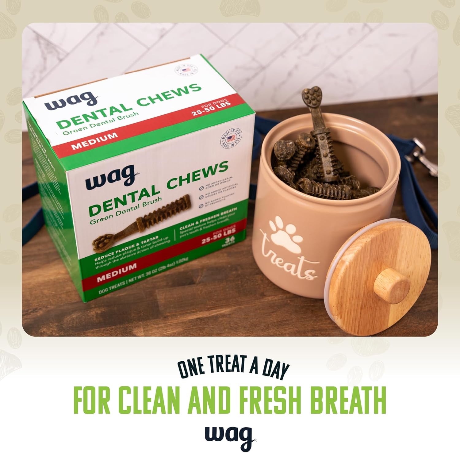 Amazon Brand - Wag Dental Chews - Green Dental Brush for Dogs, Unflavored