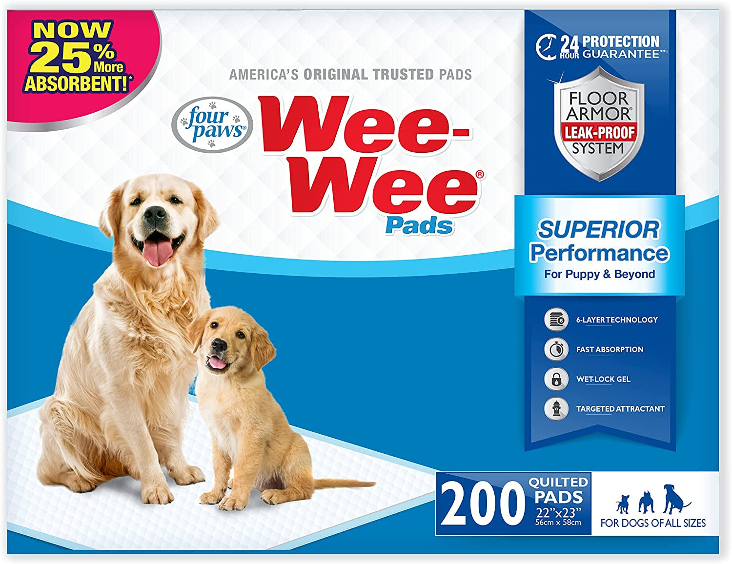 Four Paws Wee-Wee Superior Performance Pee Pads for Dogs of All Sizes, Leak-Proof Floor Protection Dog & Puppy Quilted Potty Training Pads, Unscented, 22" X 23"